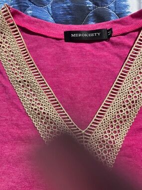 Merokeety Women's Pink V-Neck Lace Trim Blouse